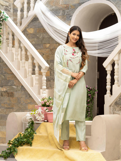 Pista Roman Silk Plain Kurta with Pant & Dupatta - Disha - Distacart