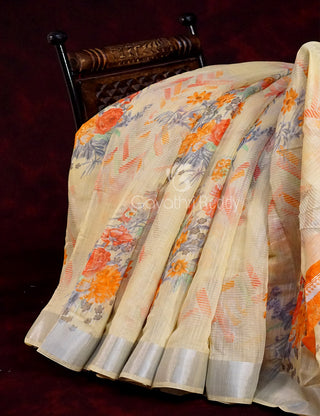 Light Wheat Colour Floral Print Semi Chanderi Saree By Gayathri Reddy Designer Studio - Distacart