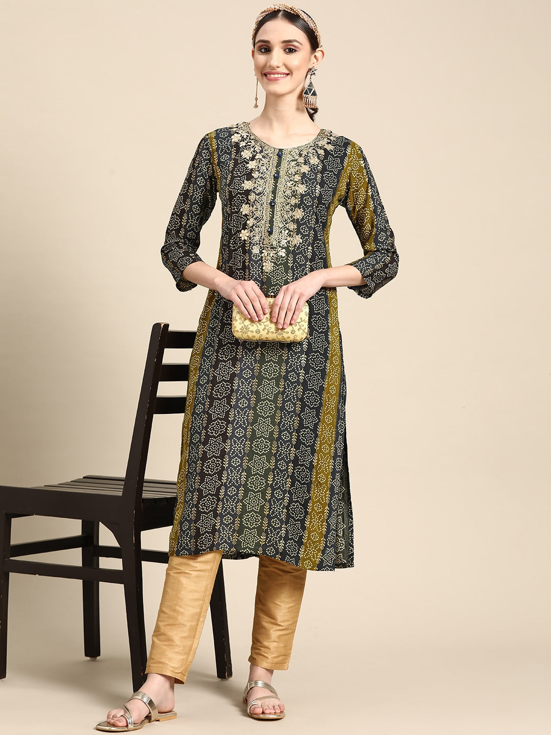 Sangria Women Blue Bandhani Embroidered Thread Work Kurta - Distacart