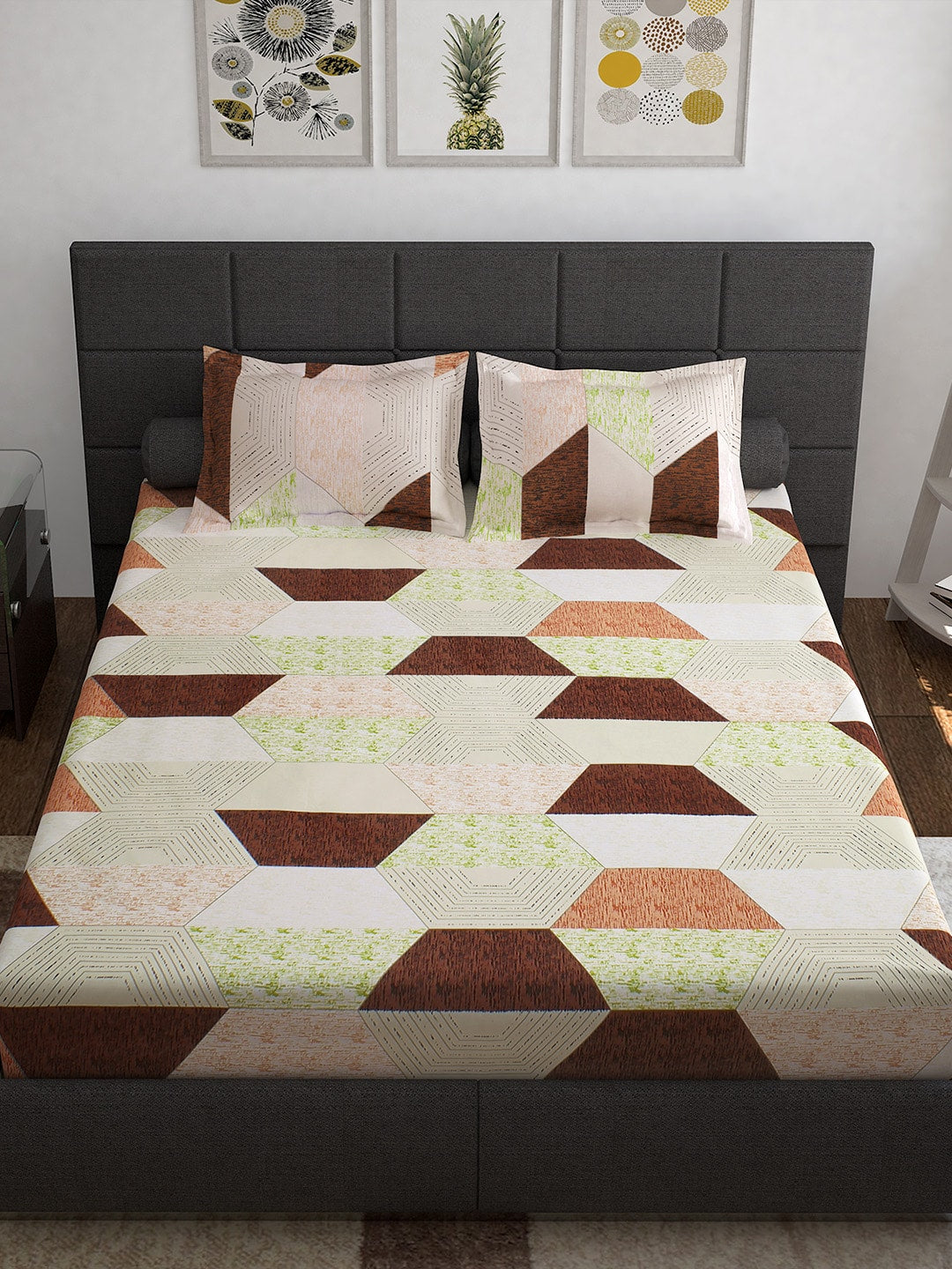 Story@home Cream-Coloured Geometric 152 TC Cotton 1 Queen Bedsheet with 2 Pillow Covers - Distacart