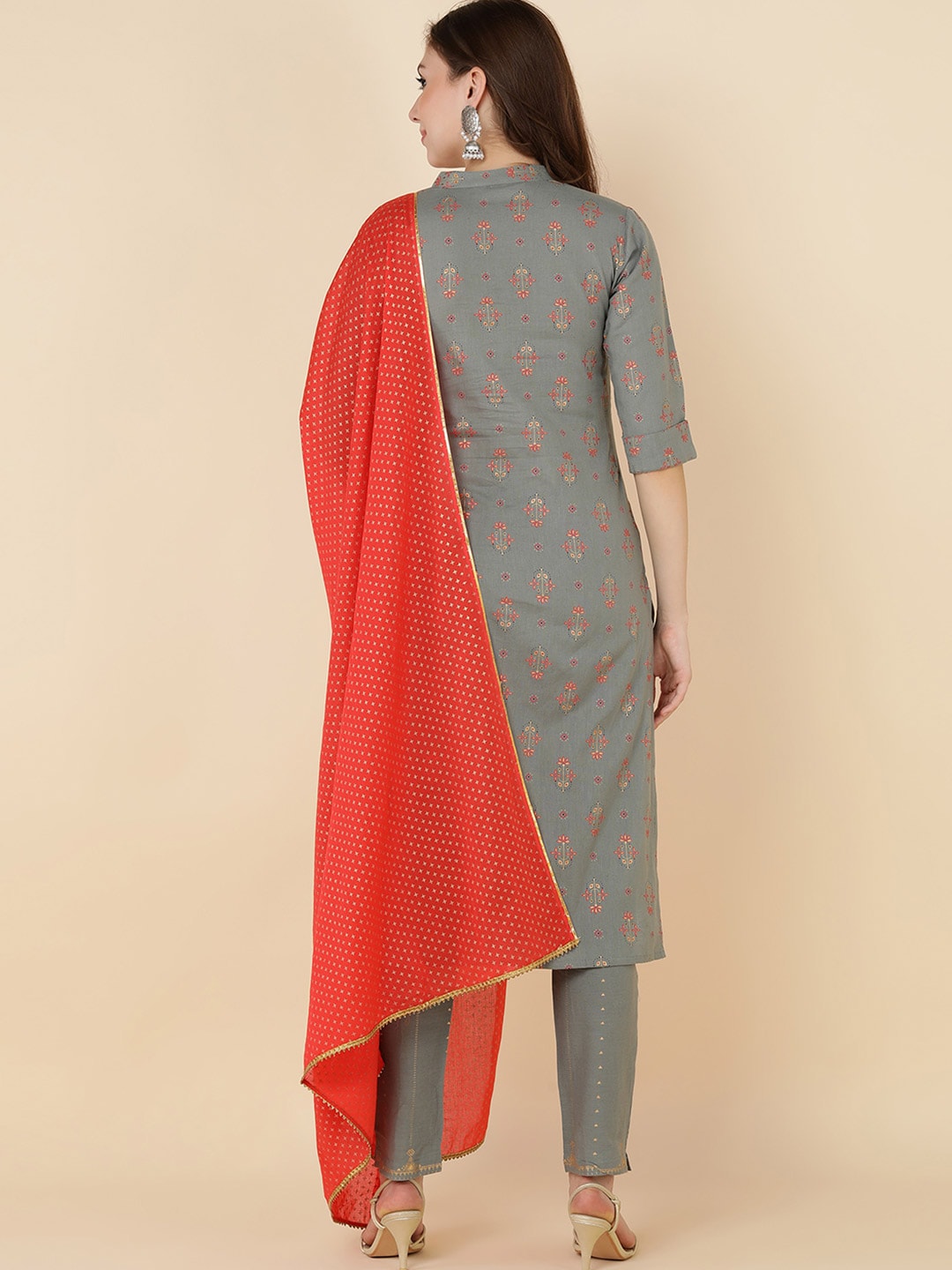 HERE&NOW Women Grey Ethnic Motifs Printed Gotta Patti Kurta with Trouser & Dupatta - Distacart
