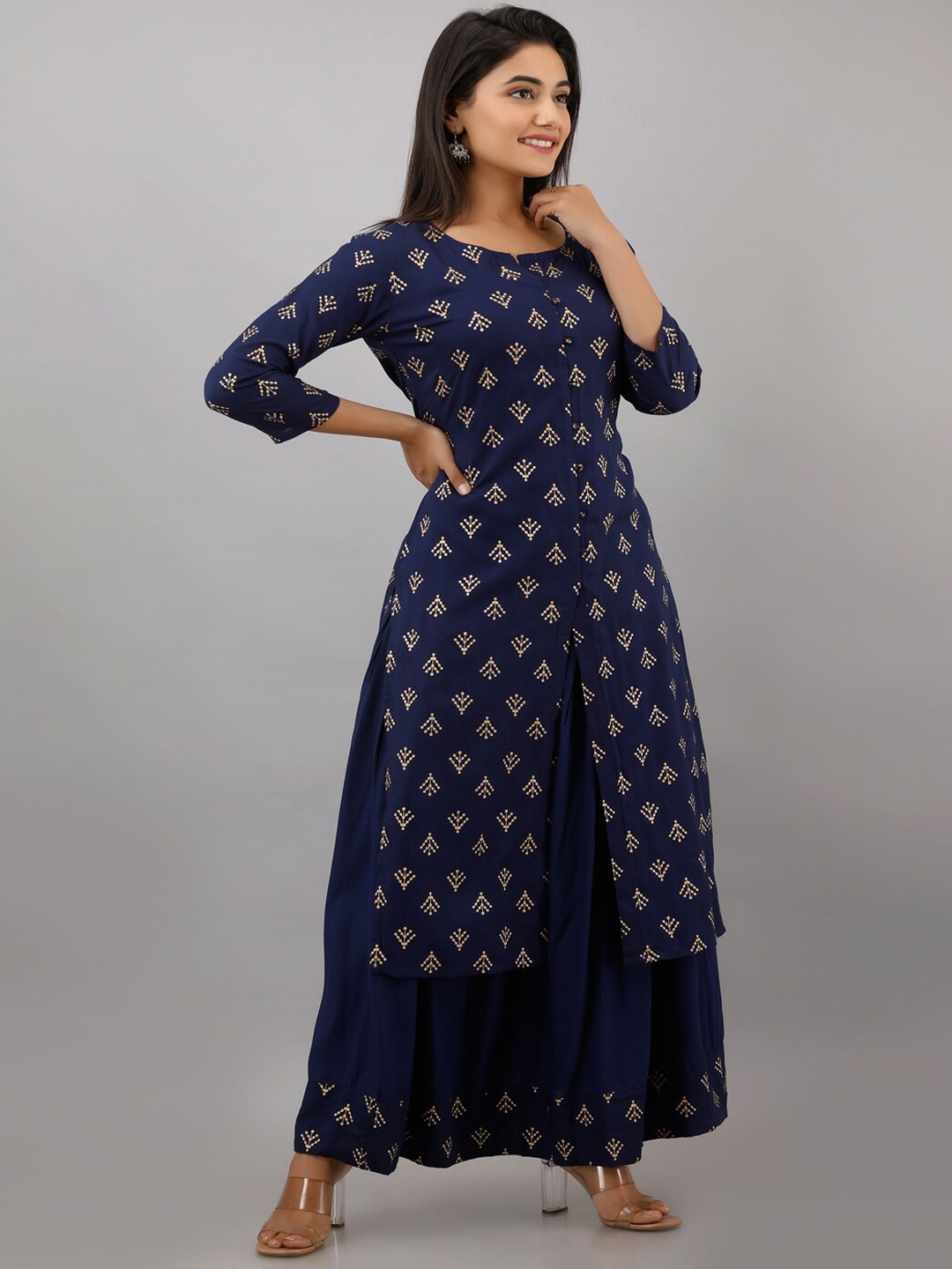 Kalini Women Blue Ethnic Motifs High Slit Kurti with Skirt - Distacart