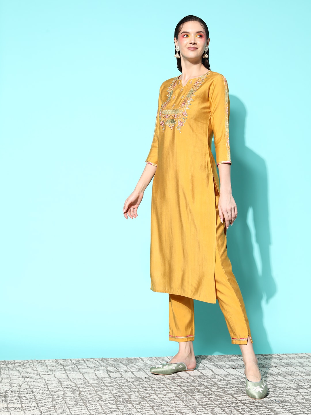 Sangria Floral Embroidered Regular Sequinned Kurta with Trousers & With Dupatta - Distacart