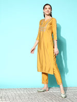Thumbnail for Sangria Floral Embroidered Regular Sequinned Kurta with Trousers & With Dupatta - Distacart