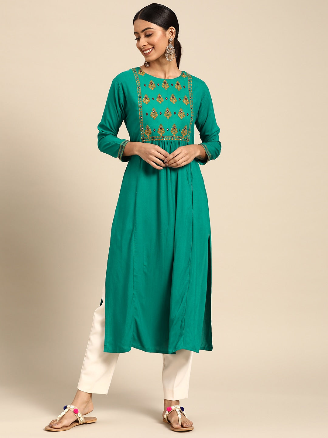 Sangria Women Green Floral Embroidered Mirror Work Kurta - Distacart
