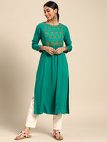Thumbnail for Sangria Women Green Floral Embroidered Mirror Work Kurta - Distacart