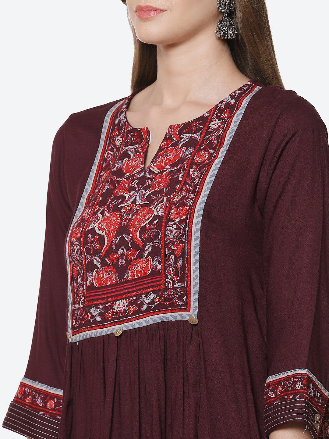 Biba Women Burgundy Yoke Design Kurti with Trousers & With Dupatta - Distacart