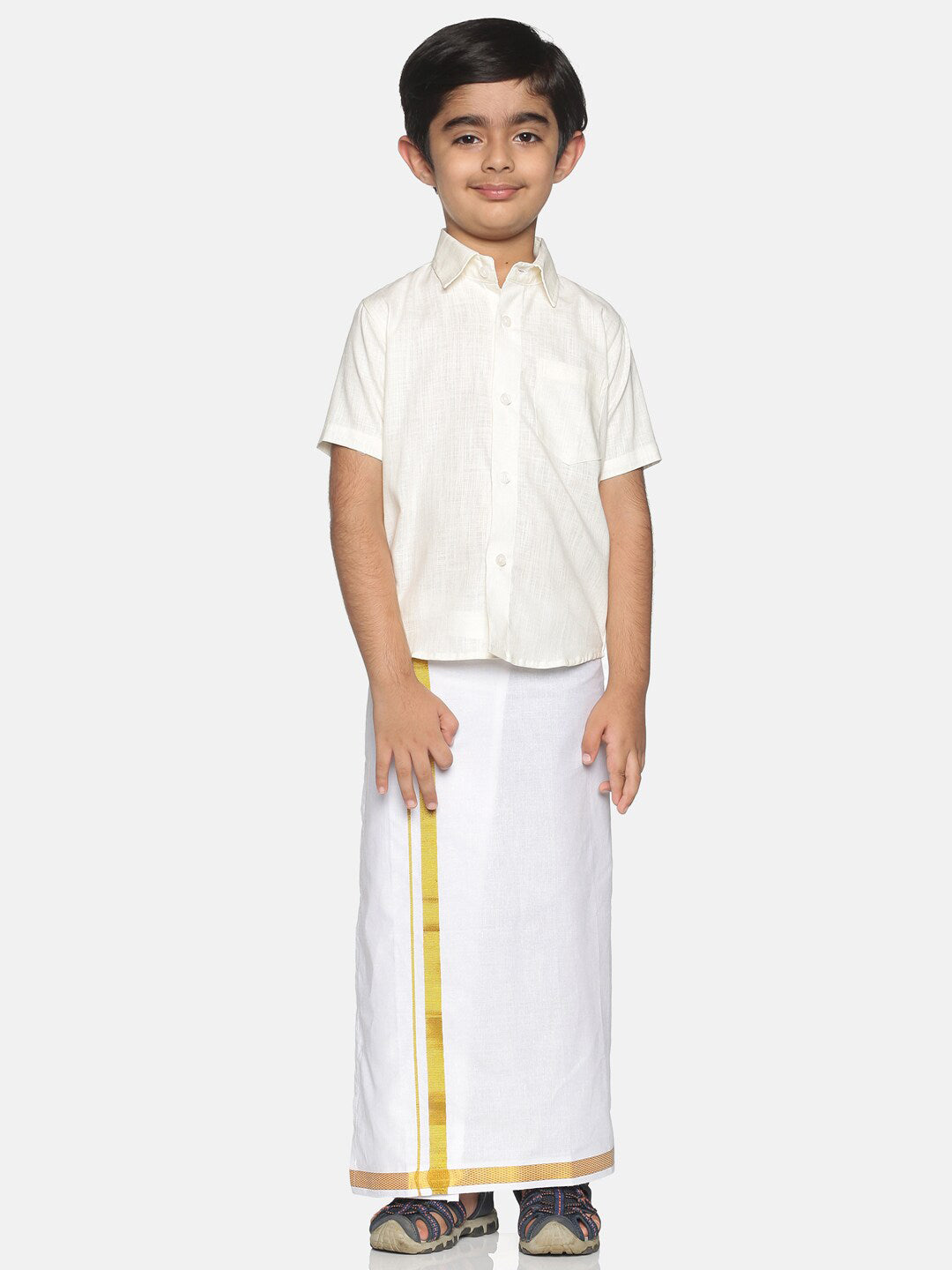 Sethukrishna Boys Cream-Coloured & White Solid Shirt and Veshti Set - Distacart