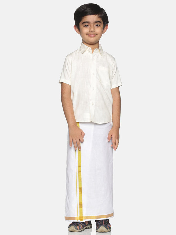 Sethukrishna Boys Cream-Coloured & White Solid Shirt and Veshti Set - Distacart