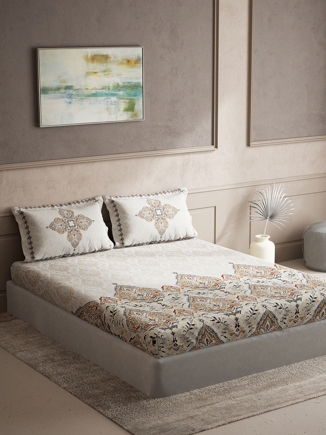 DDecor Orange & Red Ethnic Motifs Cotton 140 TC King Bedsheet With 2 Pillow Covers - Distacart