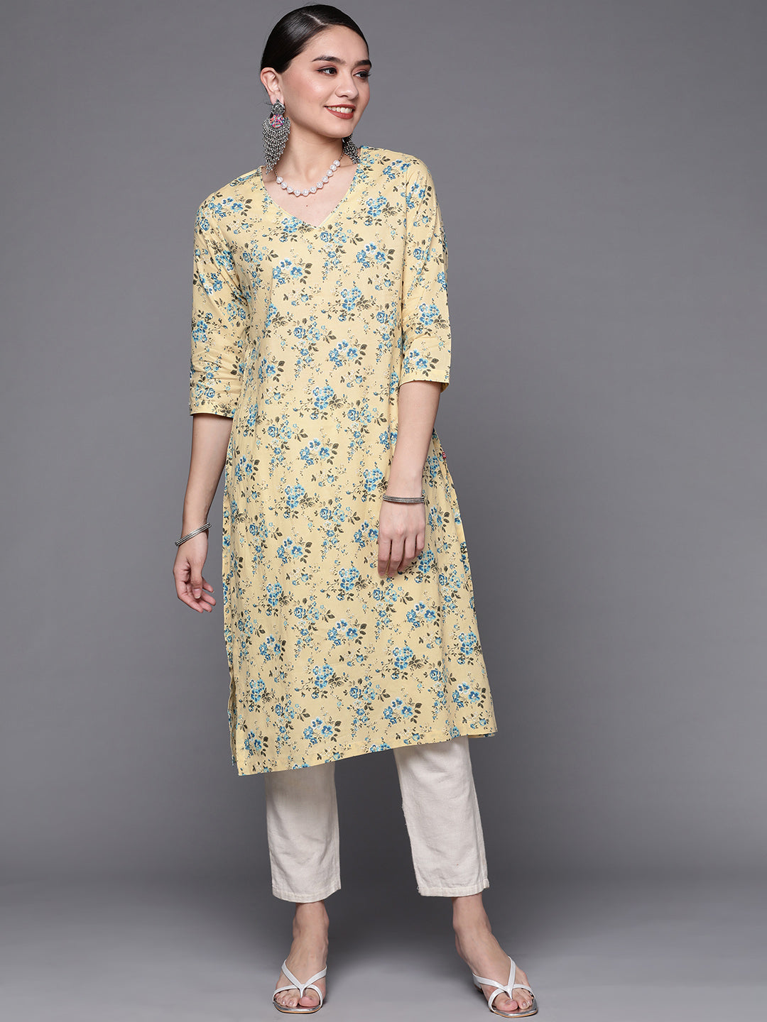 Biba Women Cream-Coloured & Blue Pure Cotton Floral Print Straight Kurta - Distacart