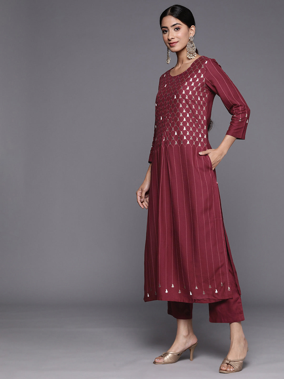 Biba Paisley Printed Pleated Design A-line Kurta with Trousers - Distacart