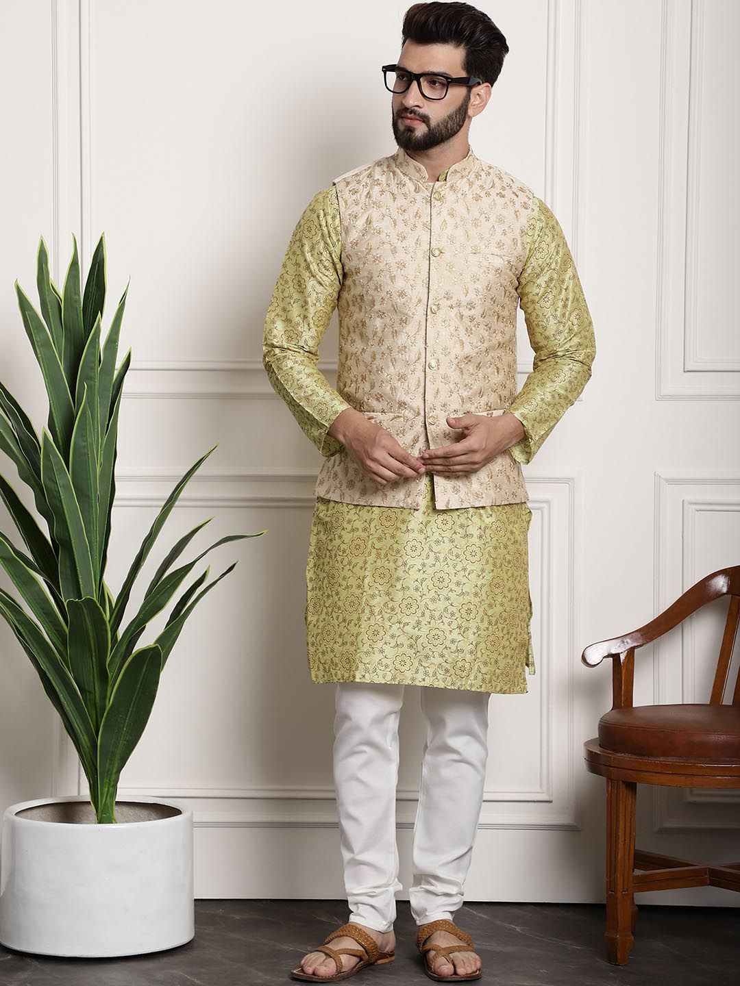 Sojanya Men Lime Green Ethnic Motifs Printed Kurta with Pyjamas & Nehru Jacket - Distacart