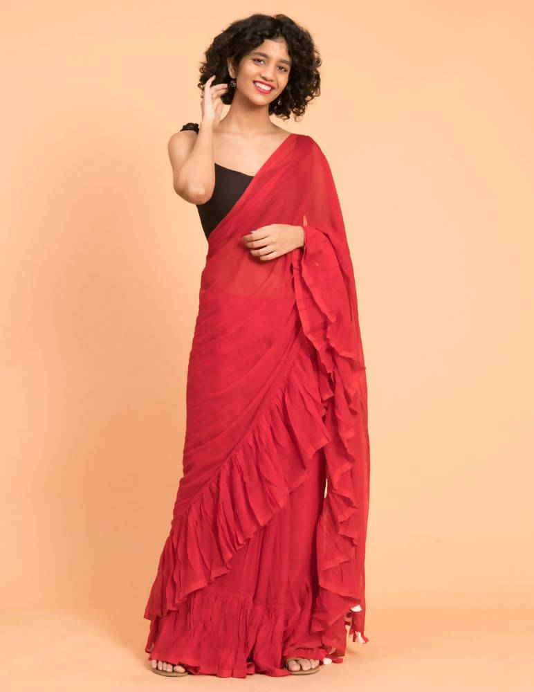 Suta Red Pure Cotton Solid Ruffle Saree - Distacart