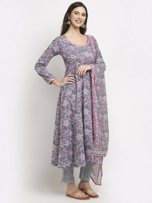 Rudra Bazaar Grey Printed Anarkali Suit Set With Dupatta - Distacart