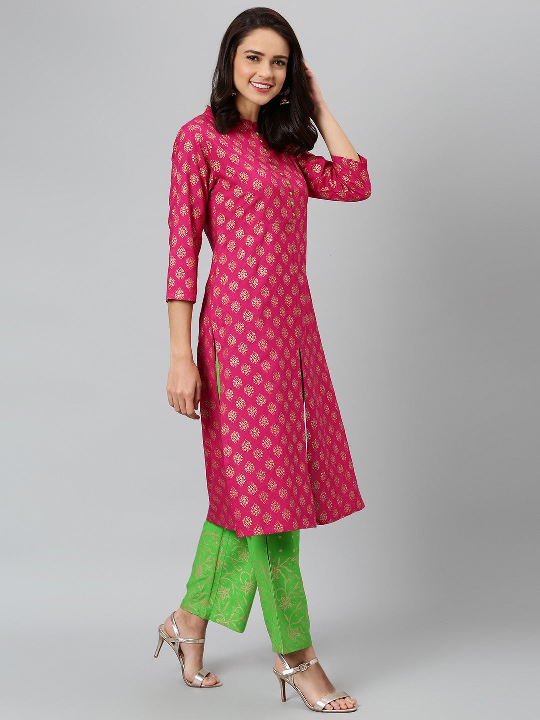 Khushal K Women Pink & Green Printed Kurta with Palazzos - Distacart