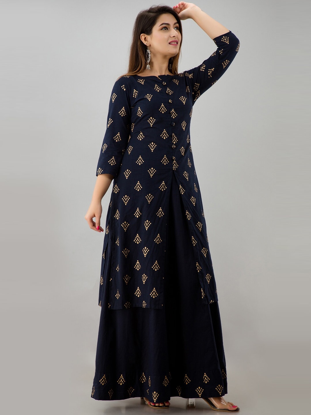 HERE&NOW Navy Blue & Gold-Toned Ethnic Motifs Printed Kurta with Skirt - Distacart