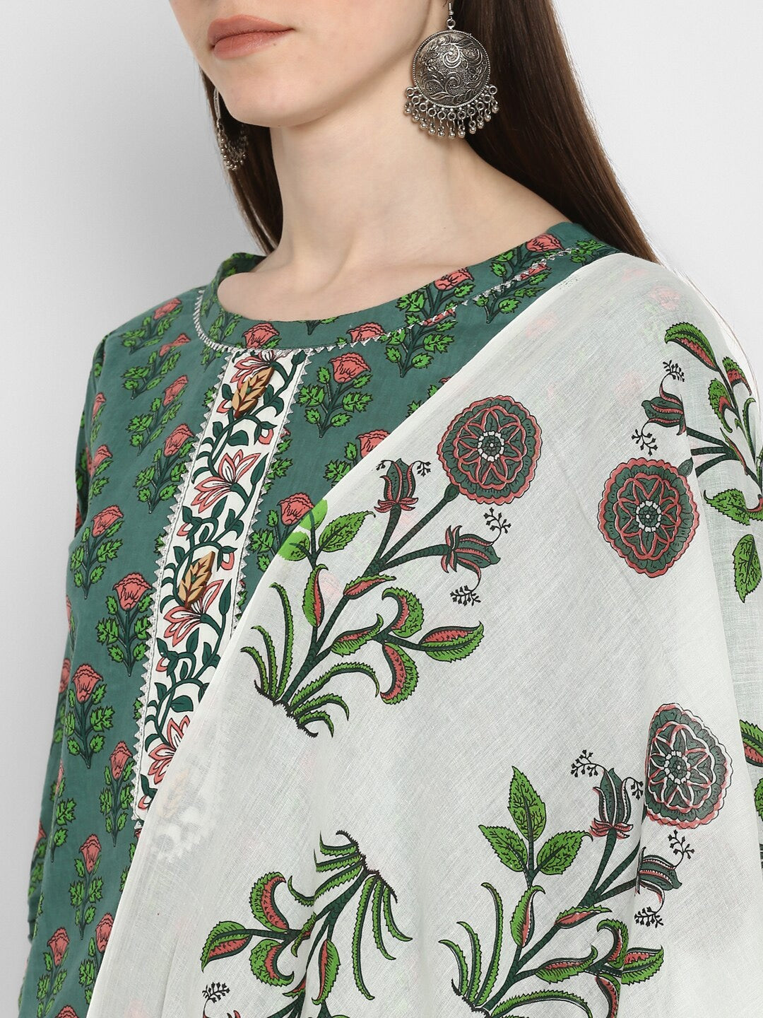Kalini Women Green Floral Printed Pure Cotton Kurta with Trousers & Dupatta - Distacart
