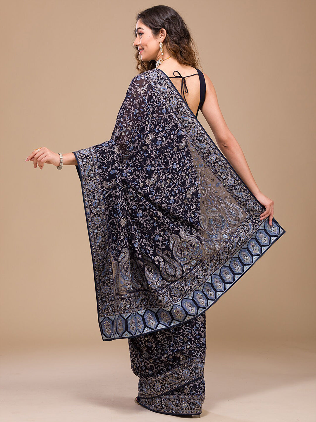 Koskii Floral Embroidered Sequined Poly Georgette Saree - Distacart