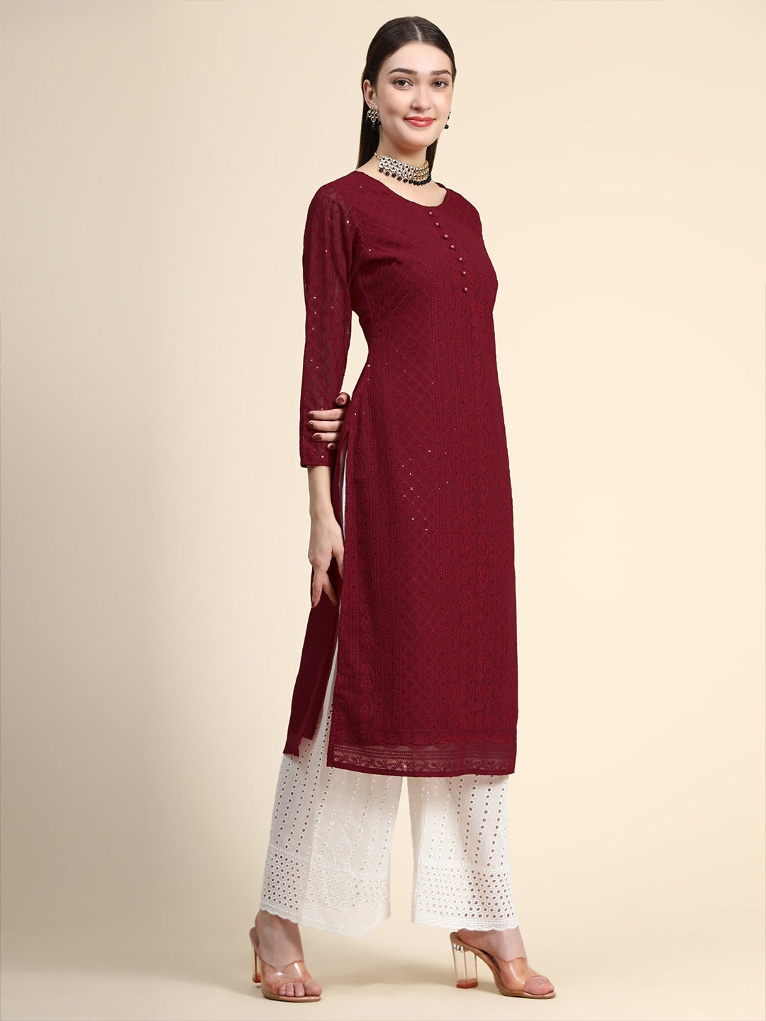 Kalini Paisley Embroidered Chikankari Georgette Straight Regular Kurta - Distacart