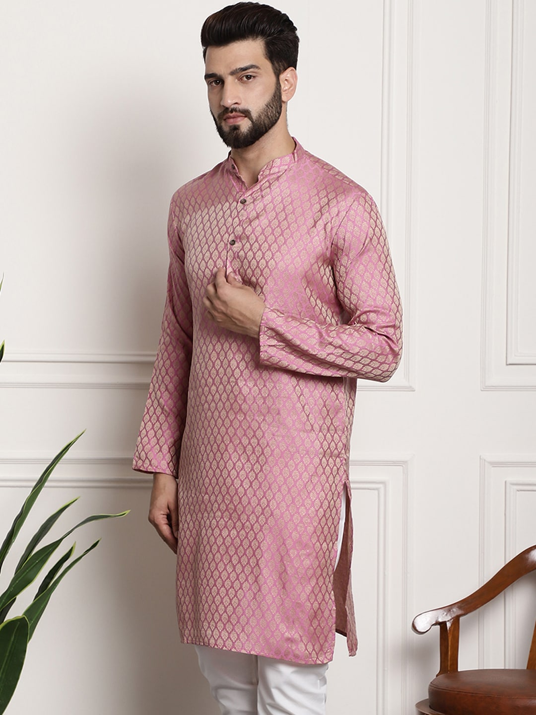 Sojanya Woven Design Mandarin Collar Silk Cotton Kurta - Distacart