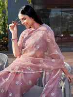 Thumbnail for Tikhi Imli Pink Floral Embroidered Mirror Work Organza Saree - Distacart