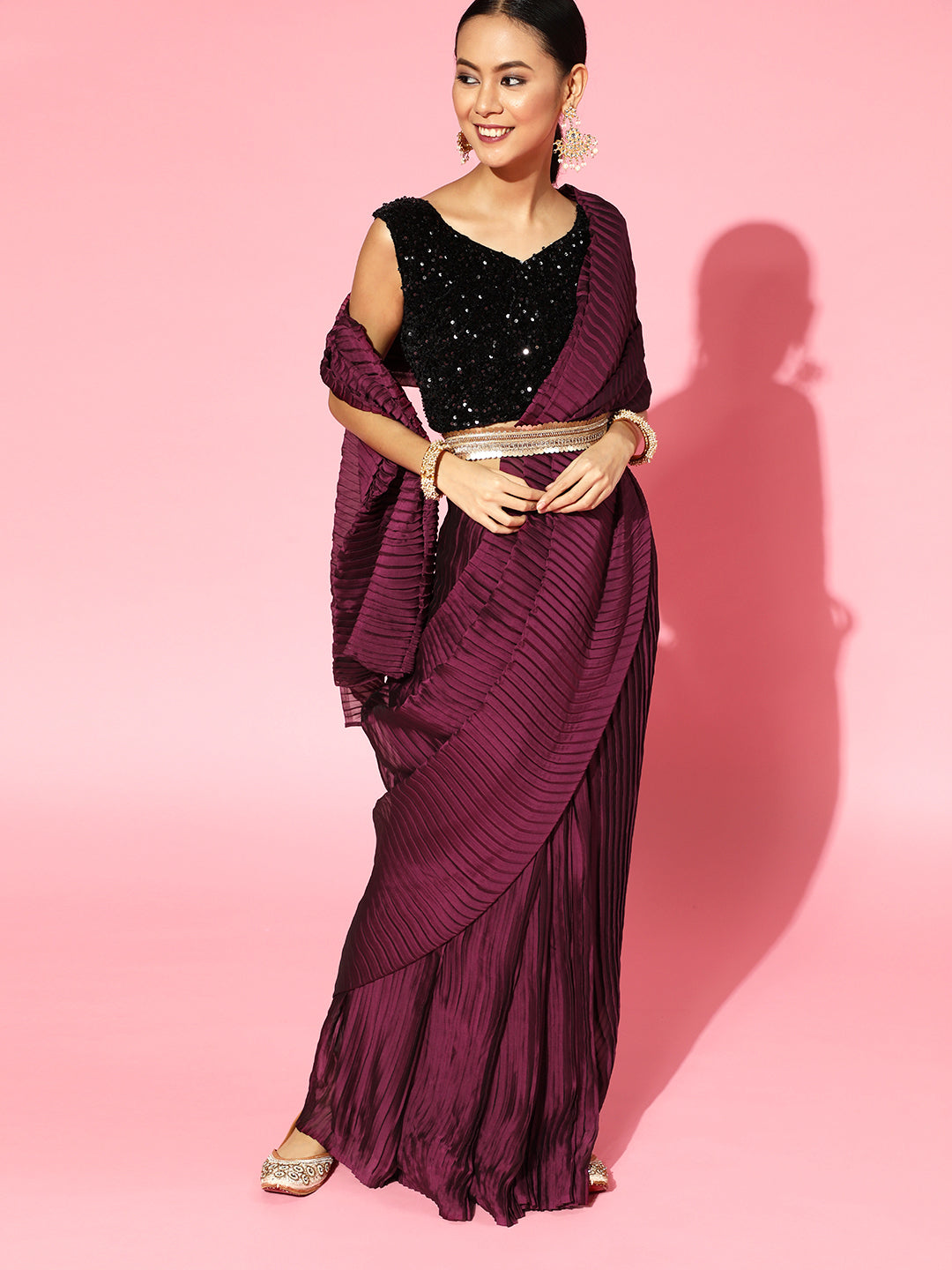Saree Mall Burgundy Poly Georgette Party Wear Saree with Matching Blouse - Distacart