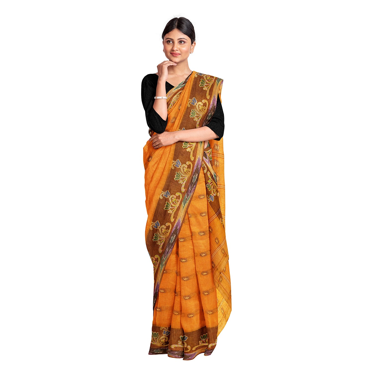 Exclusive Collection 100% Pure Cotton Orange Tant Saree With Hand Weaving Work - Distacart