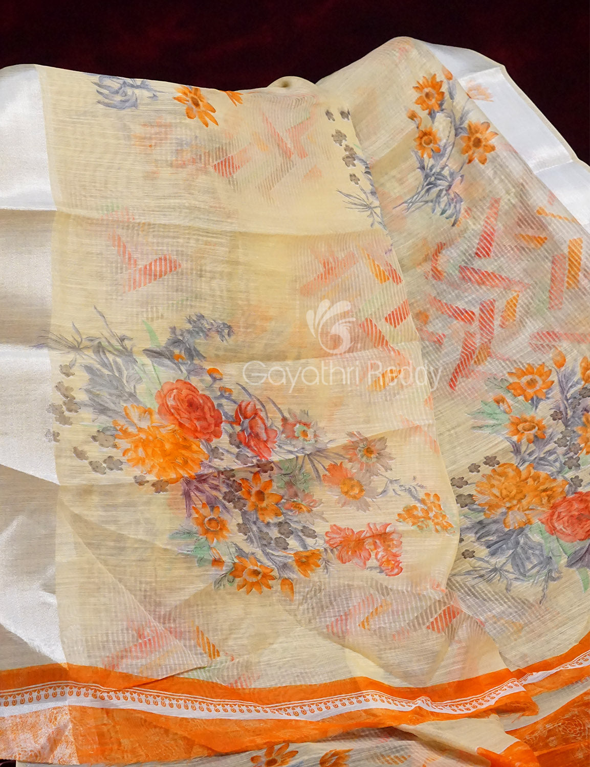 Light Wheat Colour Floral Print Semi Chanderi Saree By Gayathri Reddy Designer Studio - Distacart