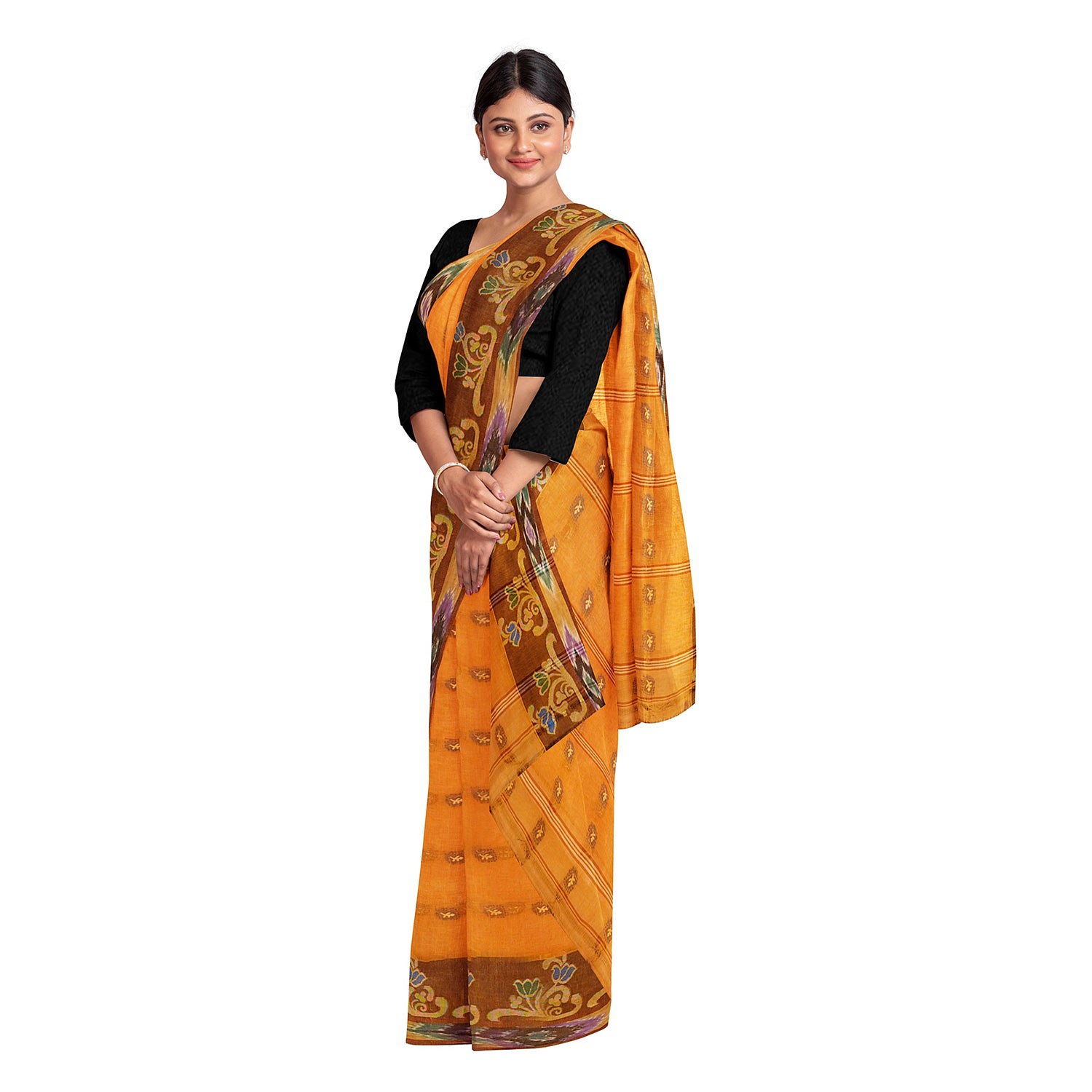 Exclusive Collection 100% Pure Cotton Orange Tant Saree With Hand Weaving Work - Distacart