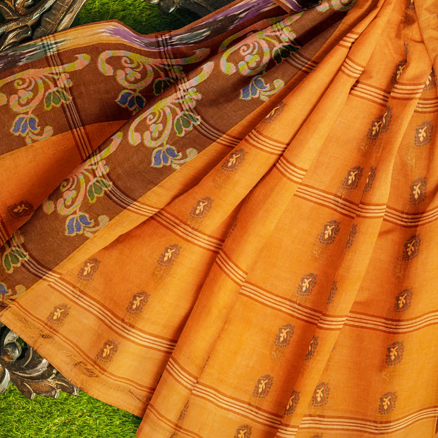 Exclusive Collection 100% Pure Cotton Orange Tant Saree With Hand Weaving Work - Distacart