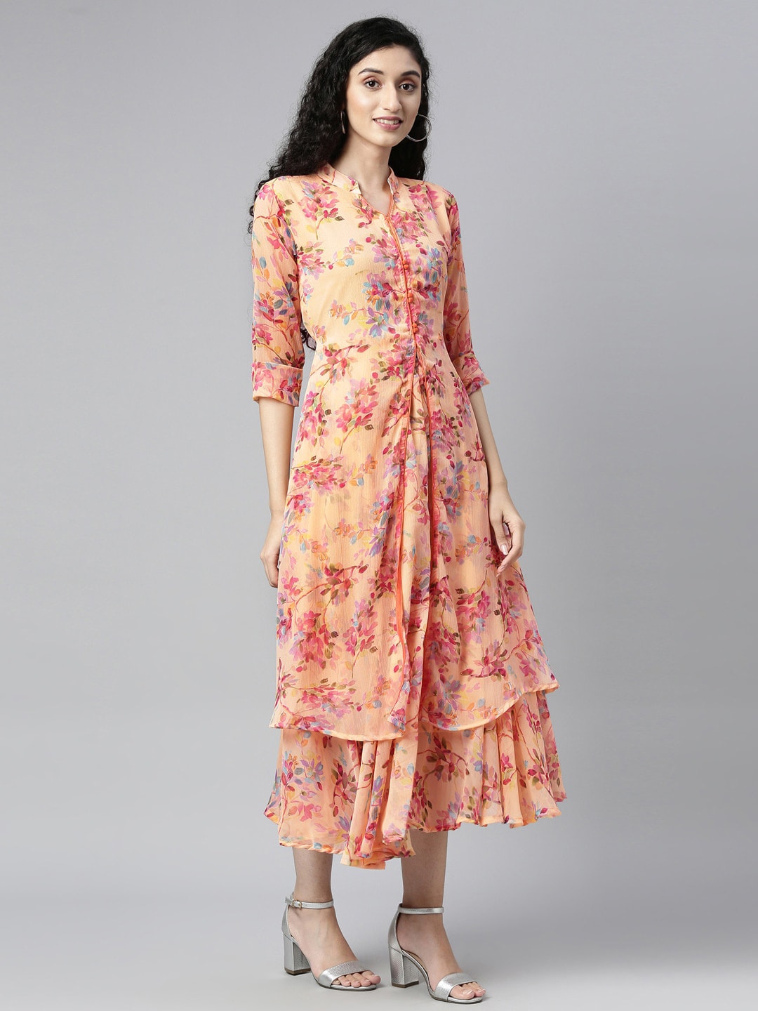 Souchii Peach-Coloured Floral Layered Chiffon A-Line Midi Dress - Distacart