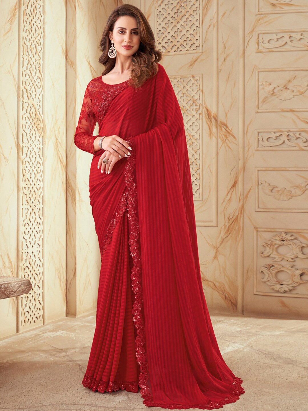 Mitera Red Striped Embroidered Saree - Distacart