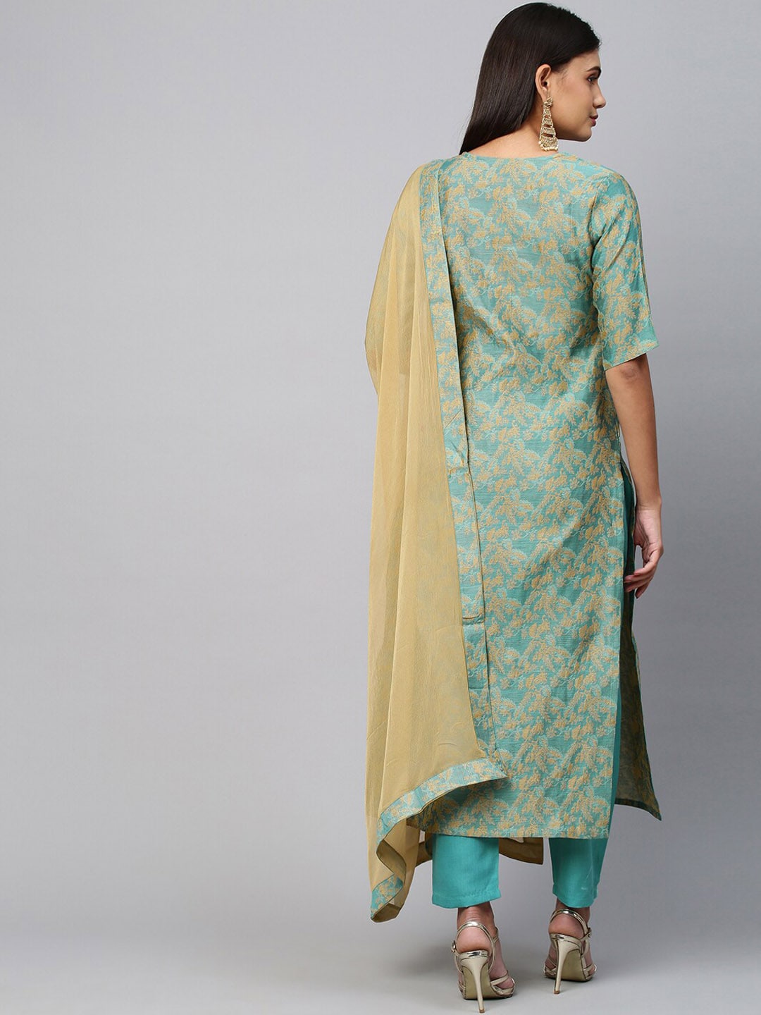Kalini Women Sea Green Ethnic Motifs Woven Kurti with Trousers & With Dupatta - Distacart