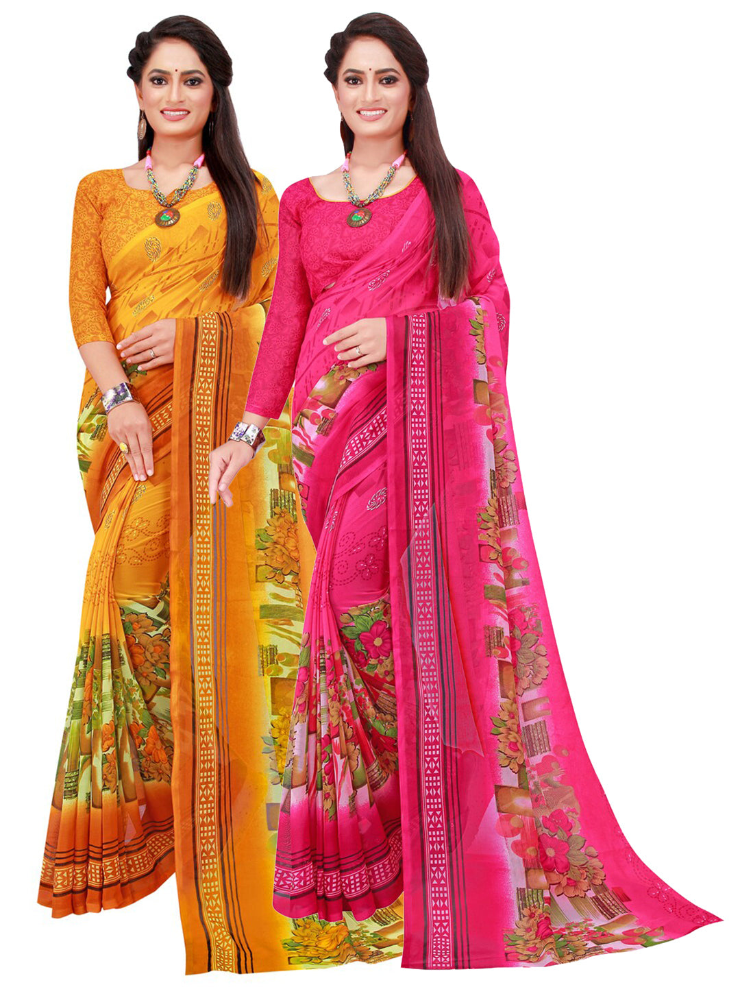 Kalini Pack of 2 Yellow & Red Floral Pure Georgette Sarees - Distacart