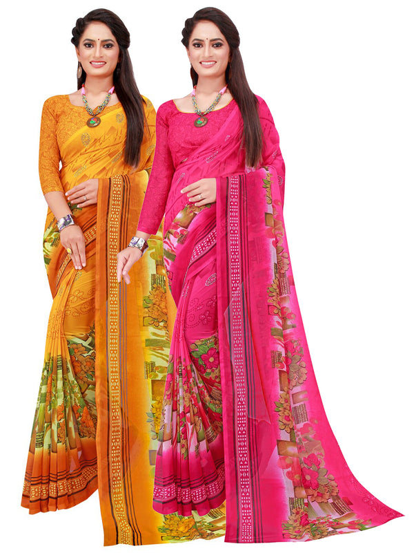 Kalini Pack of 2 Yellow & Red Floral Pure Georgette Sarees - Distacart