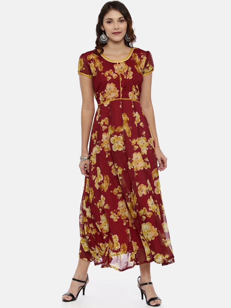 Souchii Maroon Printed Maxi Dress - Distacart
