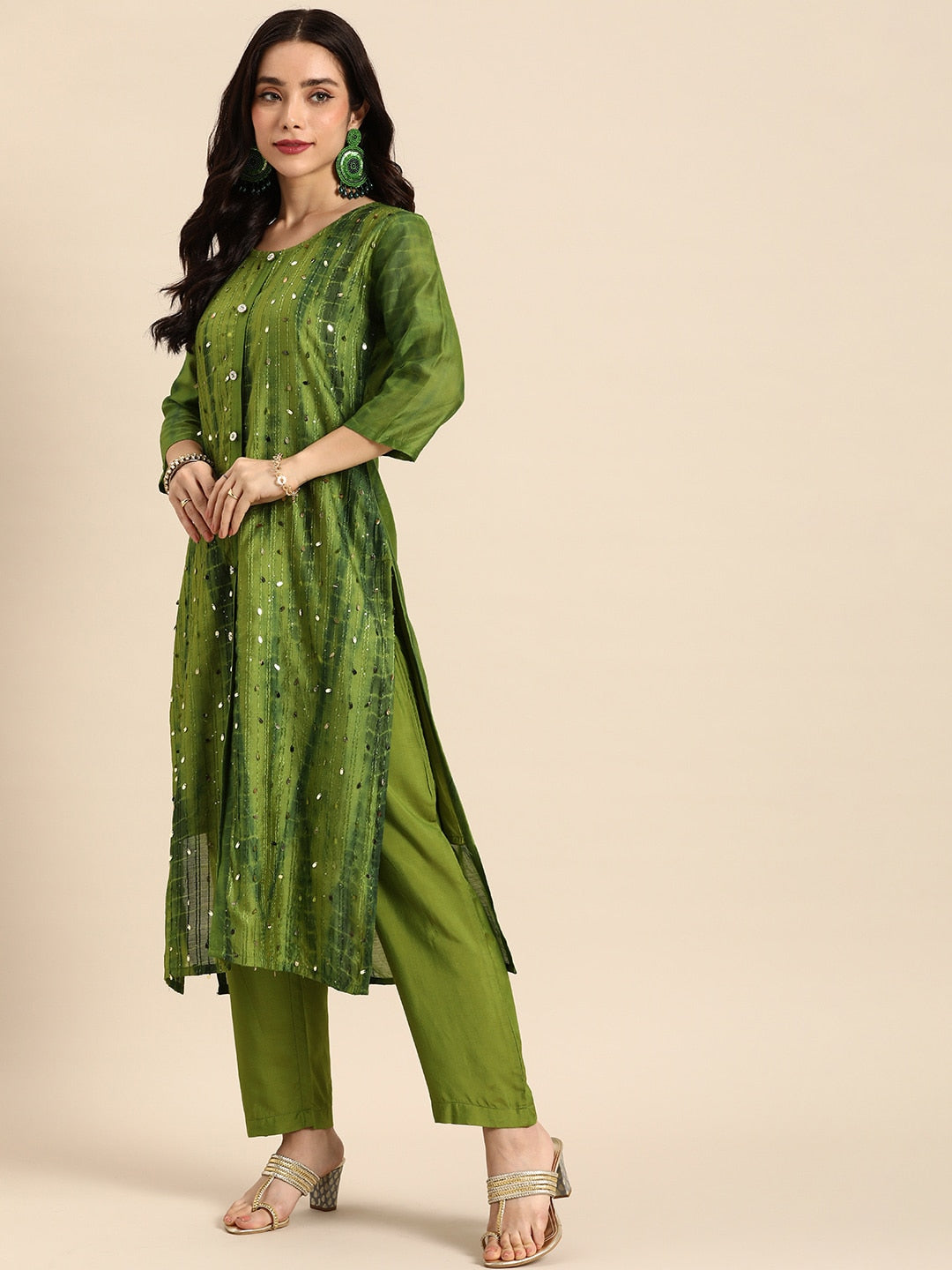Sangria Women Dyed Regular Sequinned Kurta with Trousers - Distacart