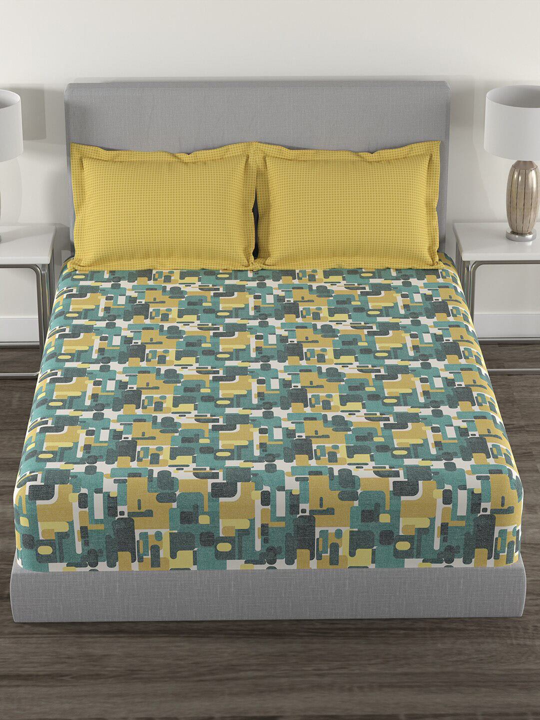 MYTRIDENT Yellow Green Printed Cotton 144 TC Queen Bedsheet With 2 Pillow Covers - Distacart