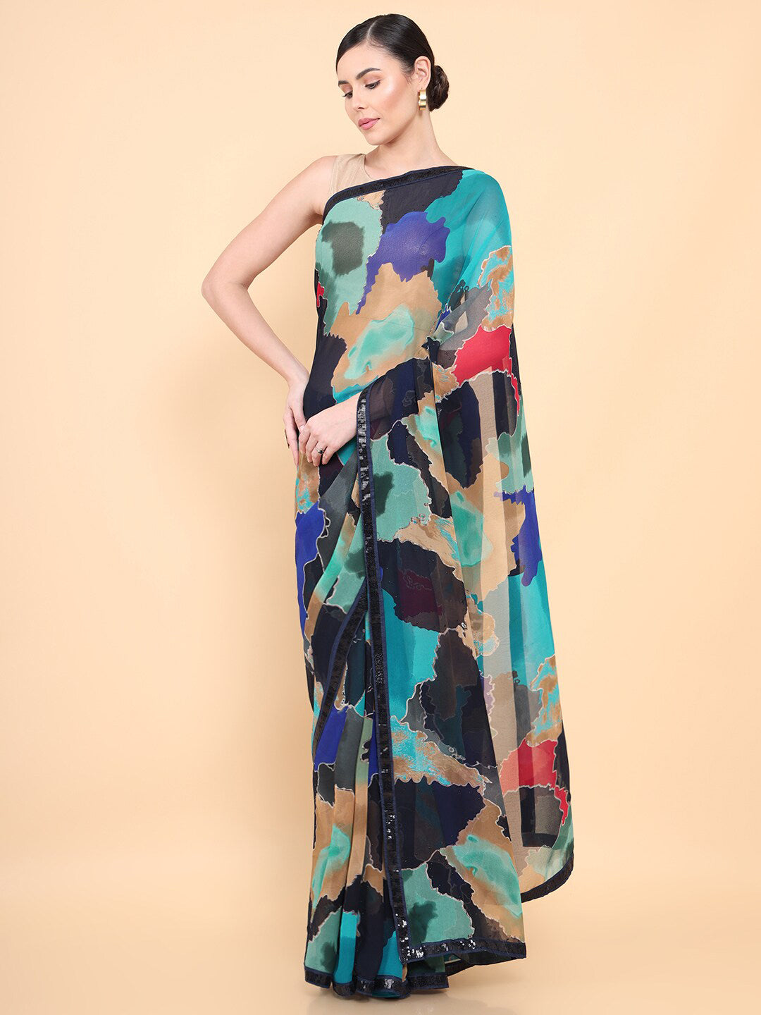 Soch Mustard & Black Tie and Dye Sequinned Pure Georgette Saree - Distacart