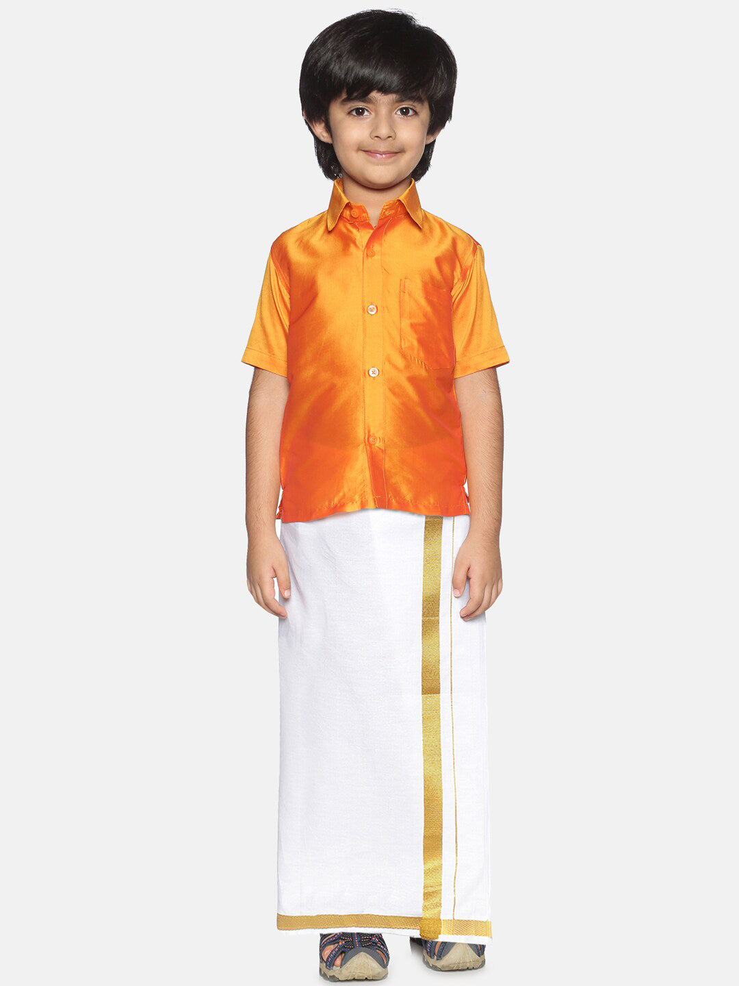 Sethukrishna Boys Orange & White Solid Shirt with Pure Cotton Dhoti Set - Distacart