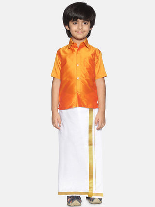 Sethukrishna Boys Orange & White Solid Shirt with Pure Cotton Dhoti Set - Distacart