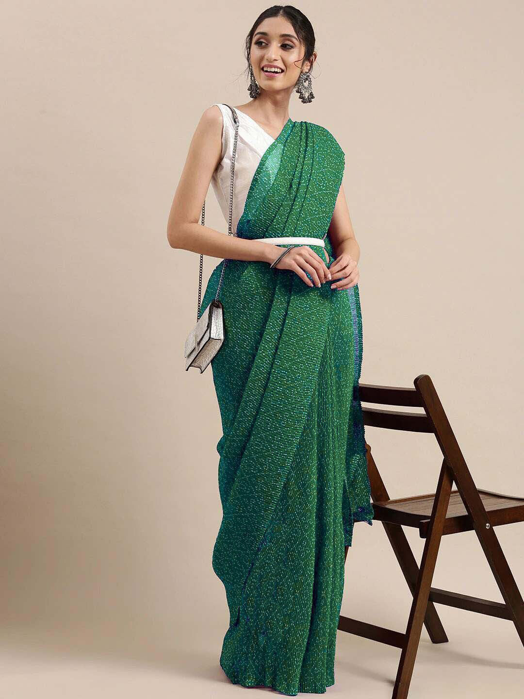 Kalini Green & White Bandhani Pure Georgette Bandhani Saree - Distacart