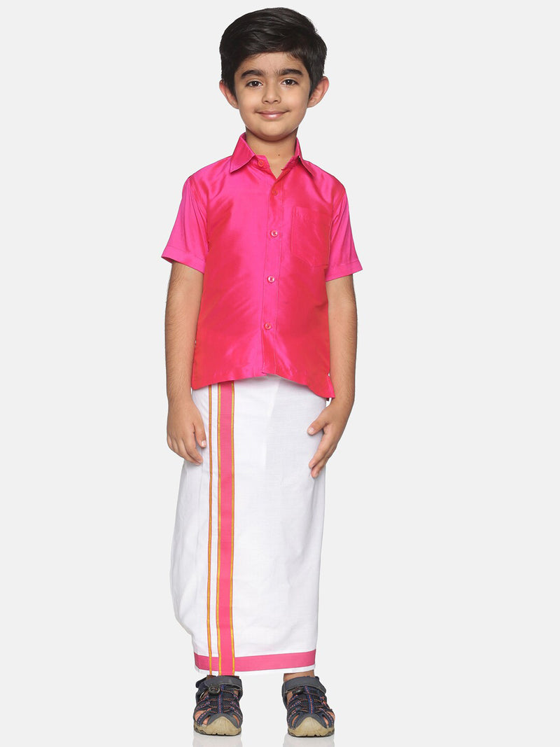 Sethukrishna Boys Pink &amp; White Solid Shirt and Veshti Set - Distacart