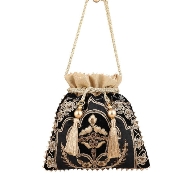 Masq Black & Gold-Toned Embellished Embroidered Potli Clutch - Distacart