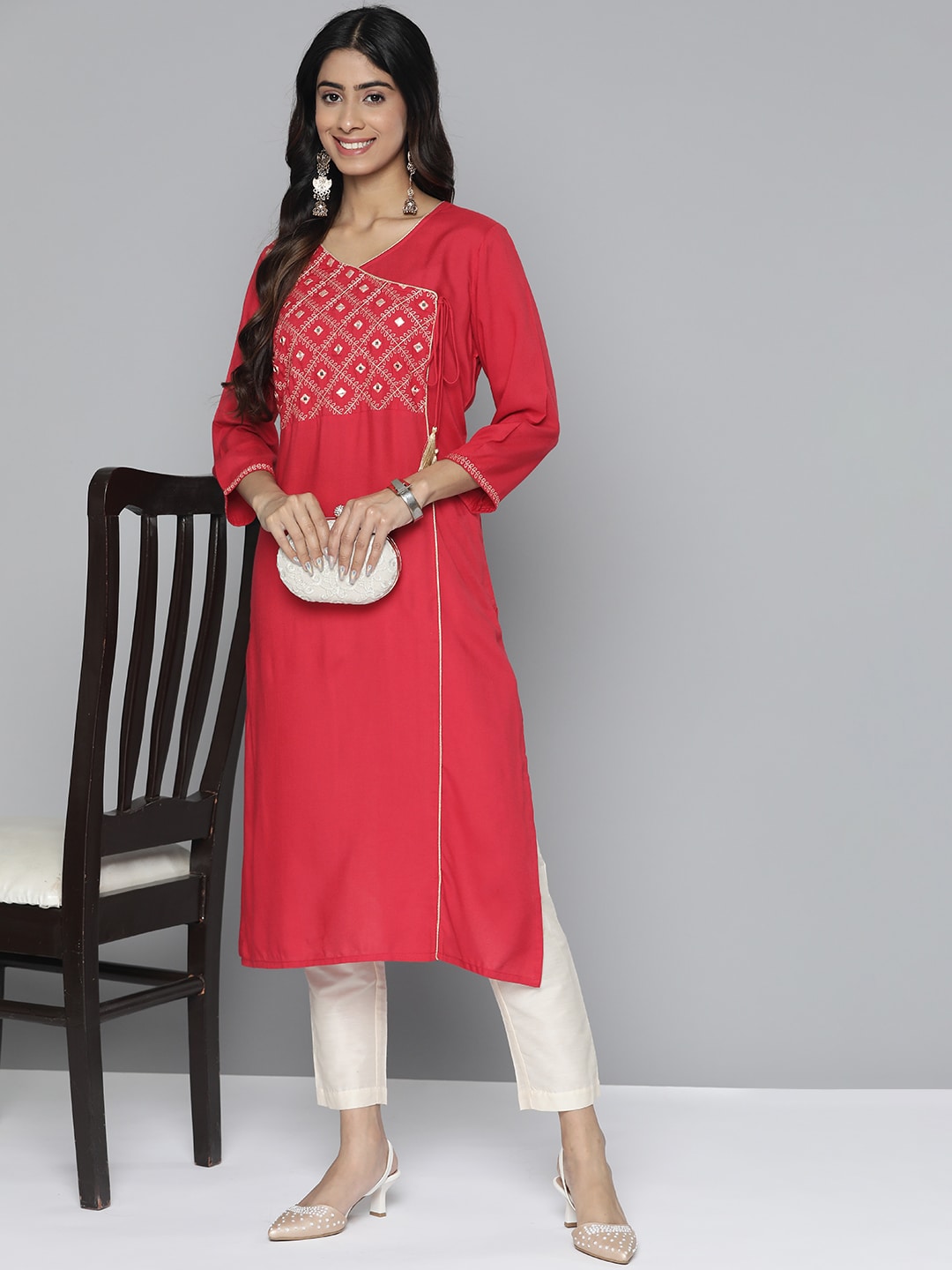HERE&NOW Women Pure Cotton Ethnic Motifs Mirror Work Angrakha Kurta - Distacart