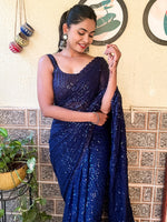Thumbnail for Mitera Blue Embellished Sequinned Pure Georgette Saree - Distacart