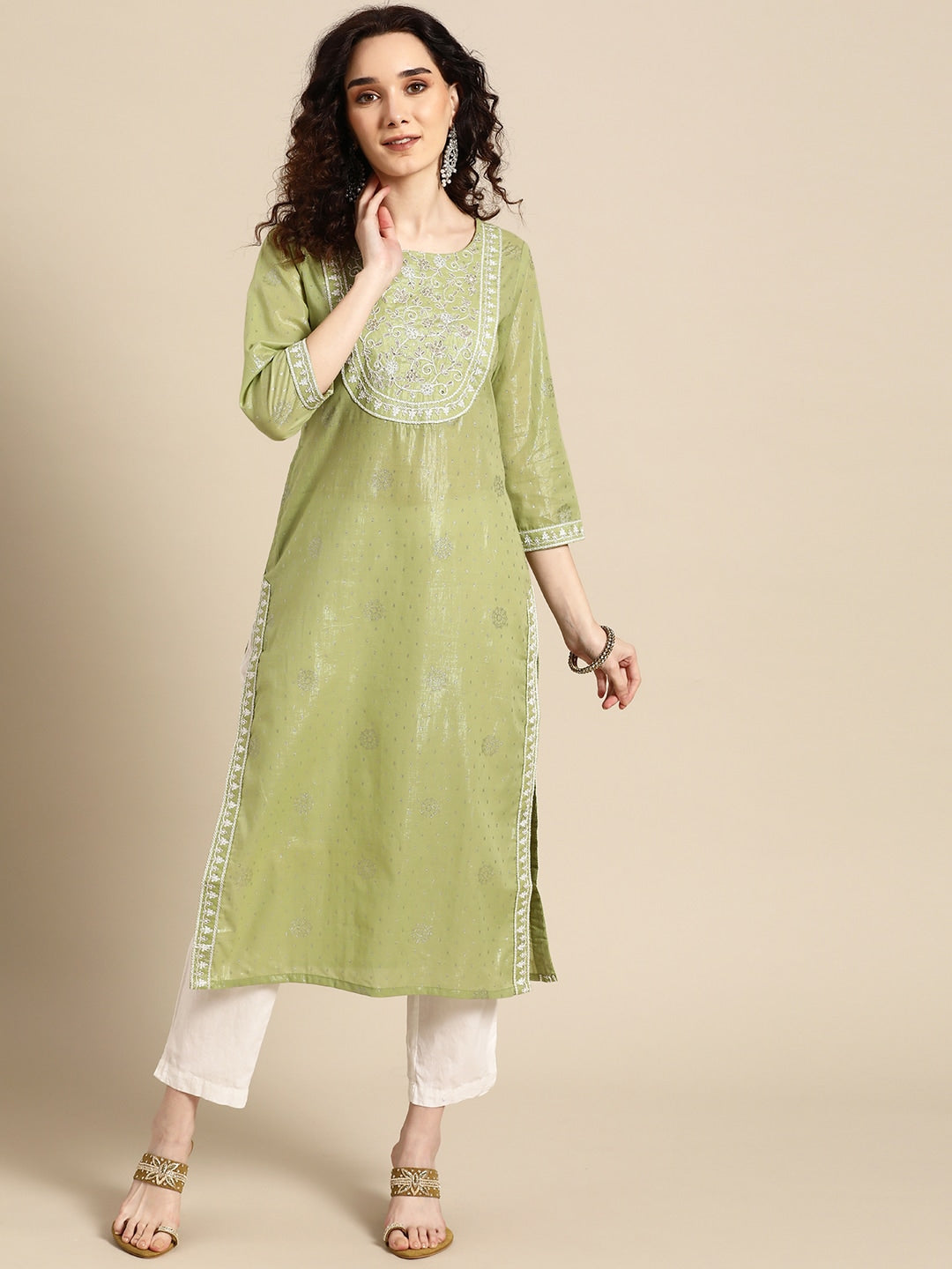 Sangria Women Olive Green Floral Yoke Design Thread Work Pastels Kurta - Distacart