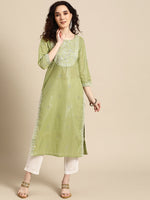 Thumbnail for Sangria Women Olive Green Floral Yoke Design Thread Work Pastels Kurta - Distacart