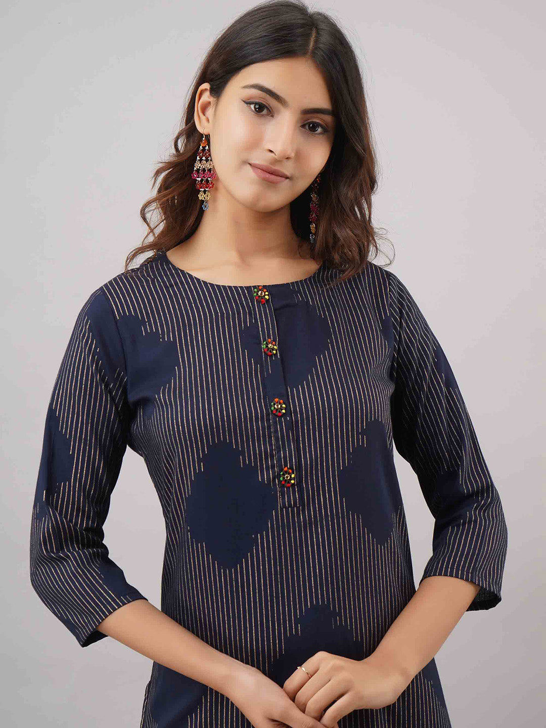 Kalini Women Navy Blue & Gold Striped Rayon Straight Kurta - Distacart